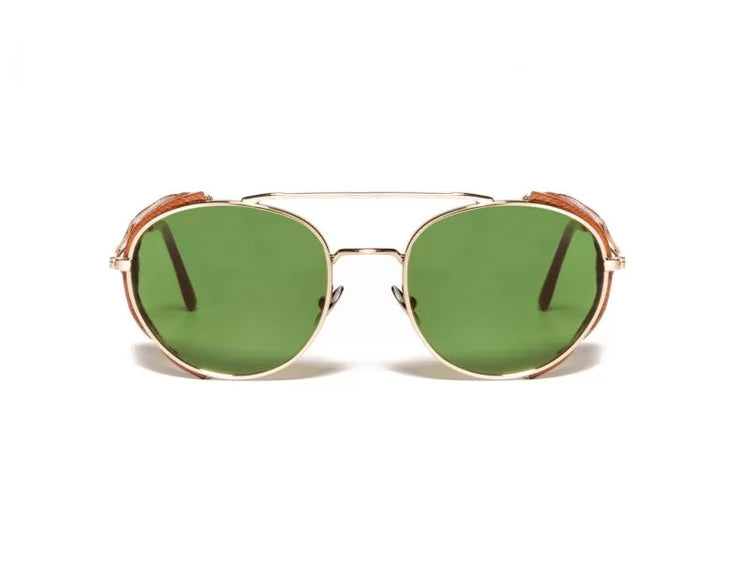 A front view of the LGR Dahlak glasses in Gold 03/Brown Flap/Green Vintage.