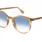 A side view of the LGR Tigre in Havana Camel 64/Blue Gradient Photochromic (base 2) - zoomed in on frame rim.
