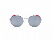 A front view of the LGR Dahlak glasses in Silver Matt/Red Flap/ Flat Silver Mirror.