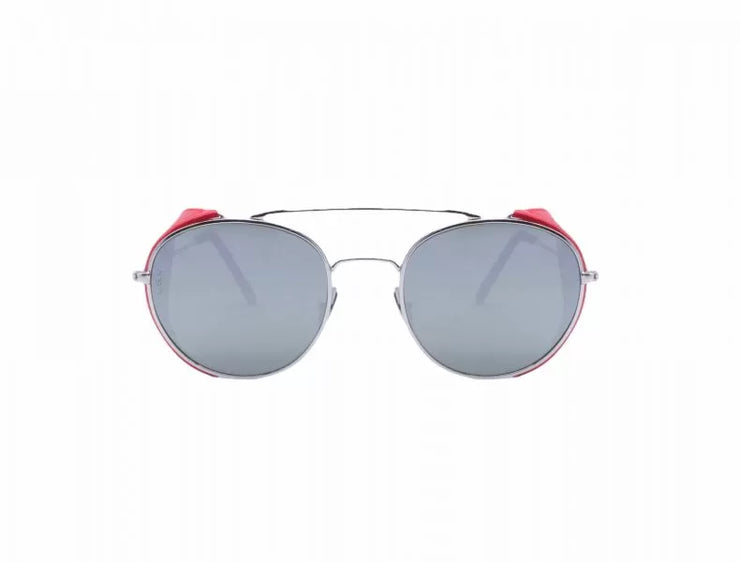 A front view of the LGR Dahlak glasses in Silver Matt/Red Flap/ Flat Silver Mirror.