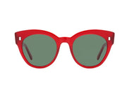 A front view of the LGR Bouganville glasses in Venetian Red 80/Green G15 (base 2).