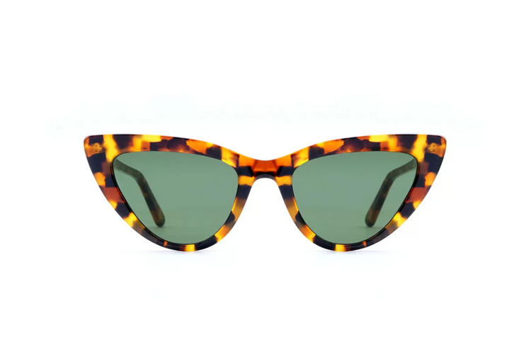 A front view of the LGR Orchid glasses in Havana Savannah 74/ Flat Green G15.