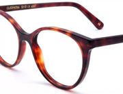A side view of the LGR Cleopatra glasses in Havana Bordeaux 65 - zoomed in on frame rim.