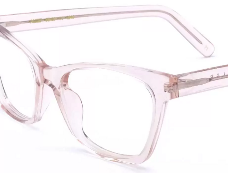 A side view of the LGR Alizé glasses in Crystal Pink 71 - zoomed in on the frame rim.